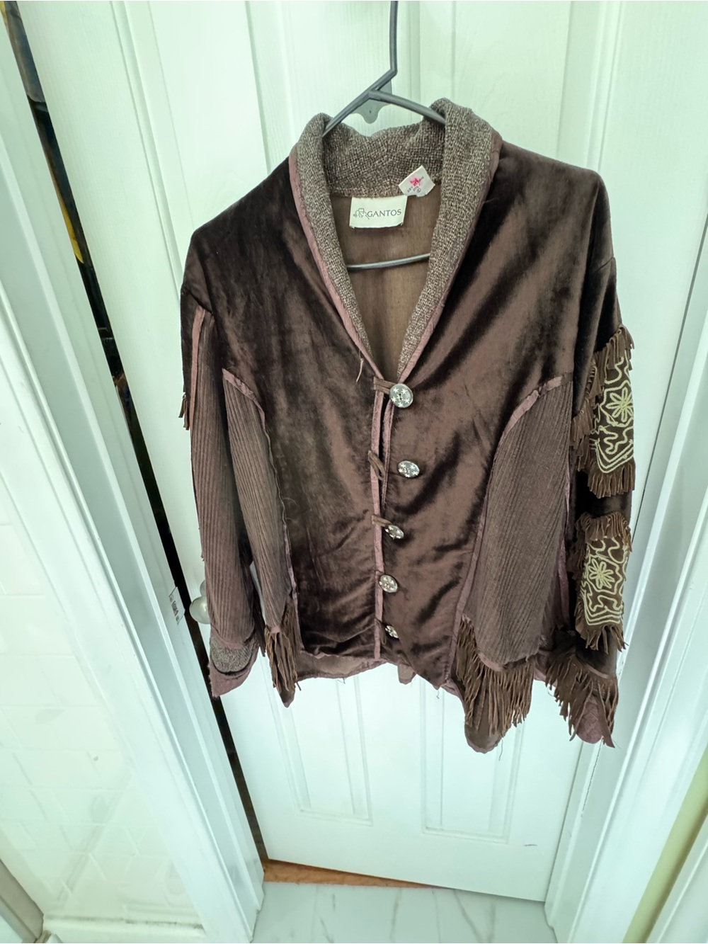 Gantos Women's Brown Velvet Fringe Cardigan with Embroidered Sleeves